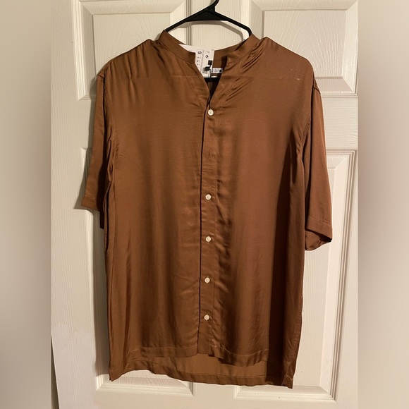 Men’s brown monk collar, short sleeve, Zara satin shirt - Picture 1 of 2